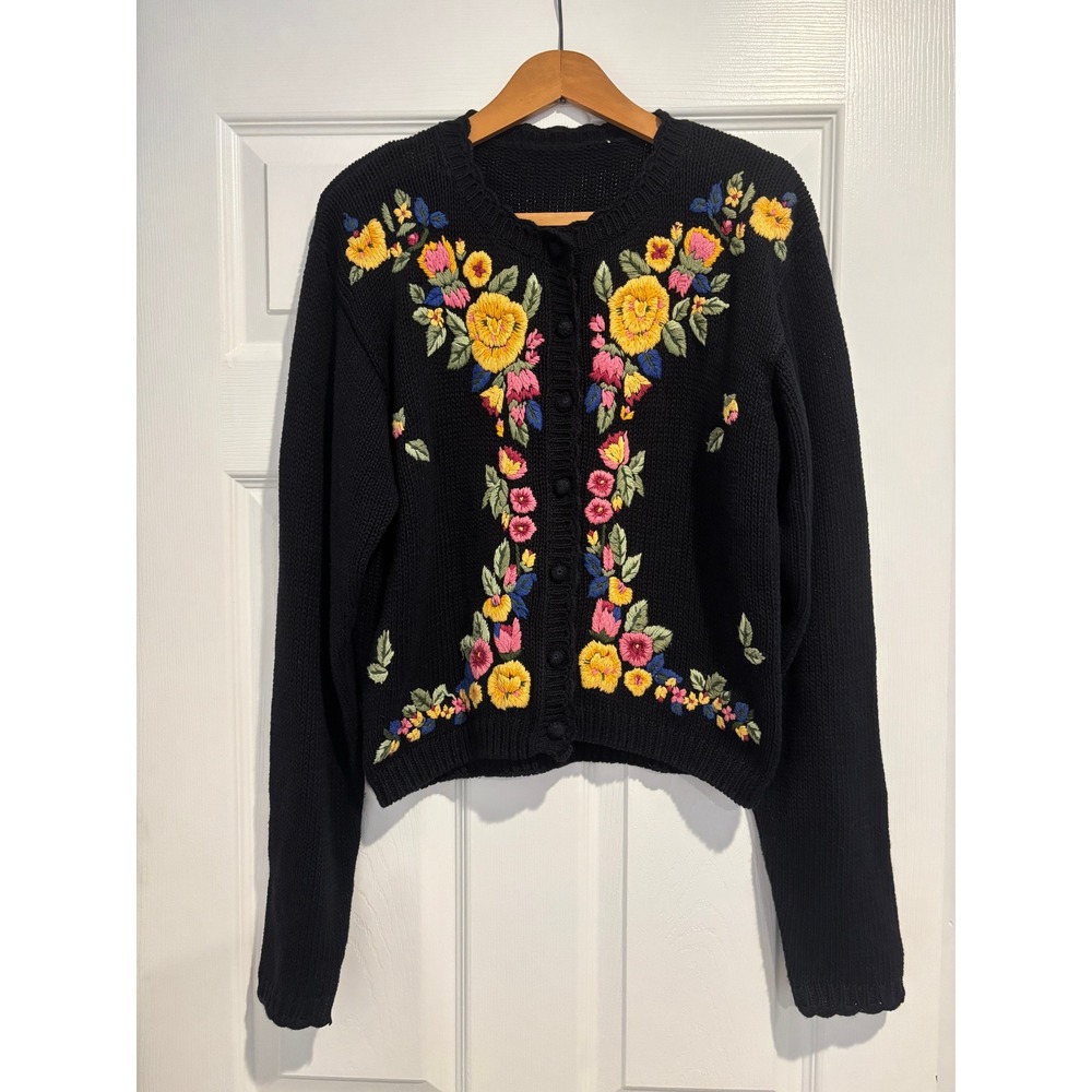 Vintage 90s Black Floral Embroidered Cardigan Cottagecore Botanical Size M